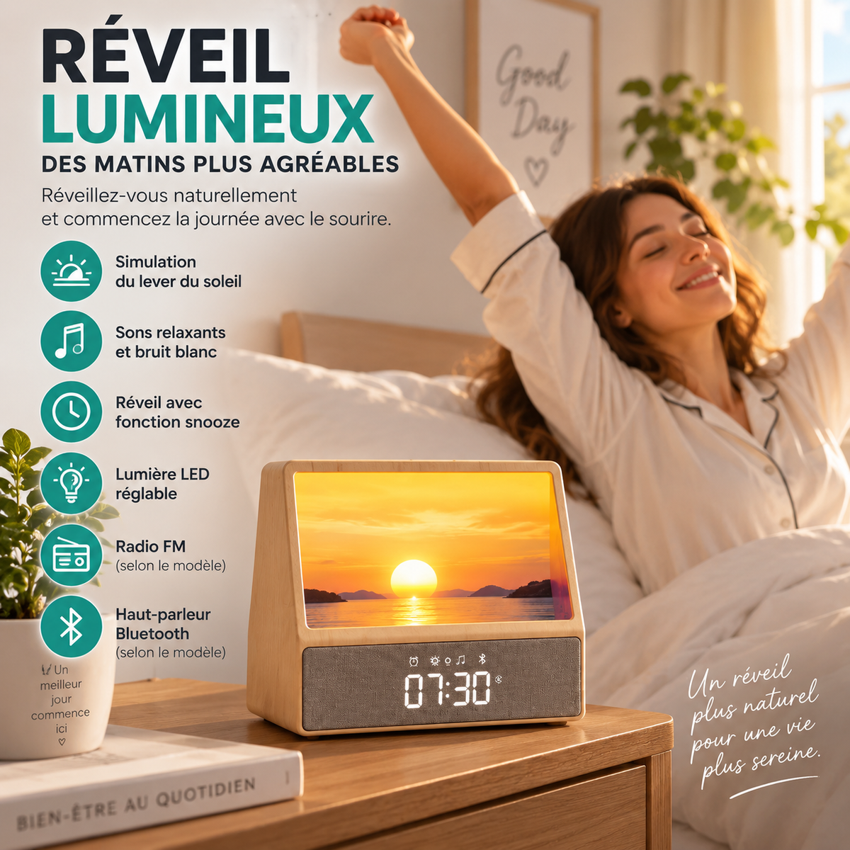 Réveil lumineux avec bruit blanc et Bluetooth