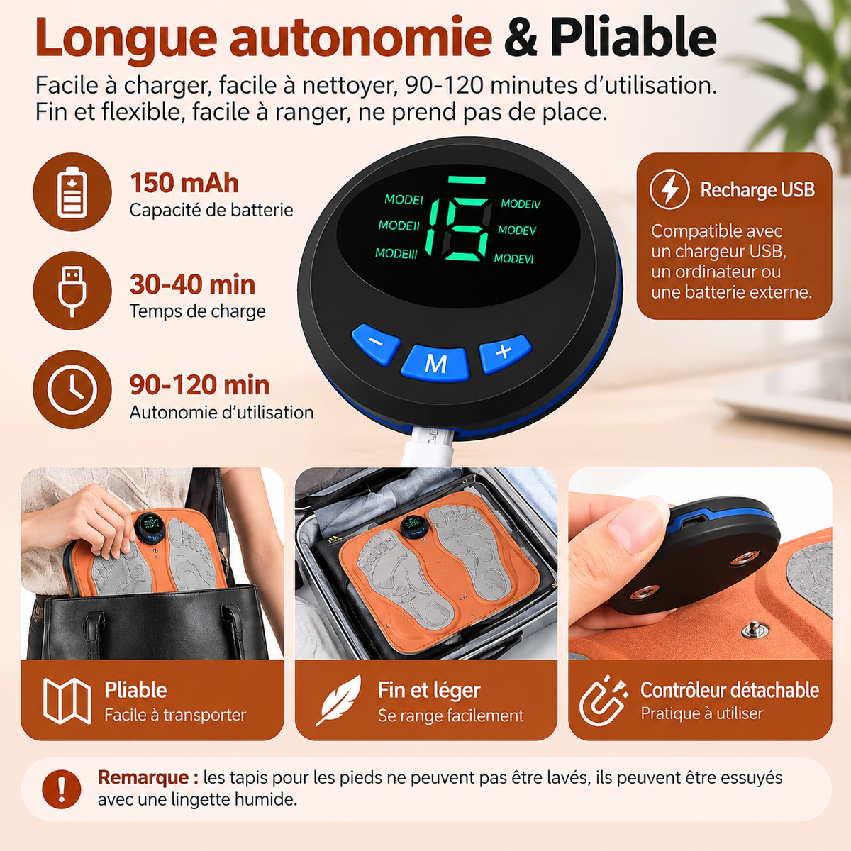 Tapis de massage des pieds EMS – 15 intensités