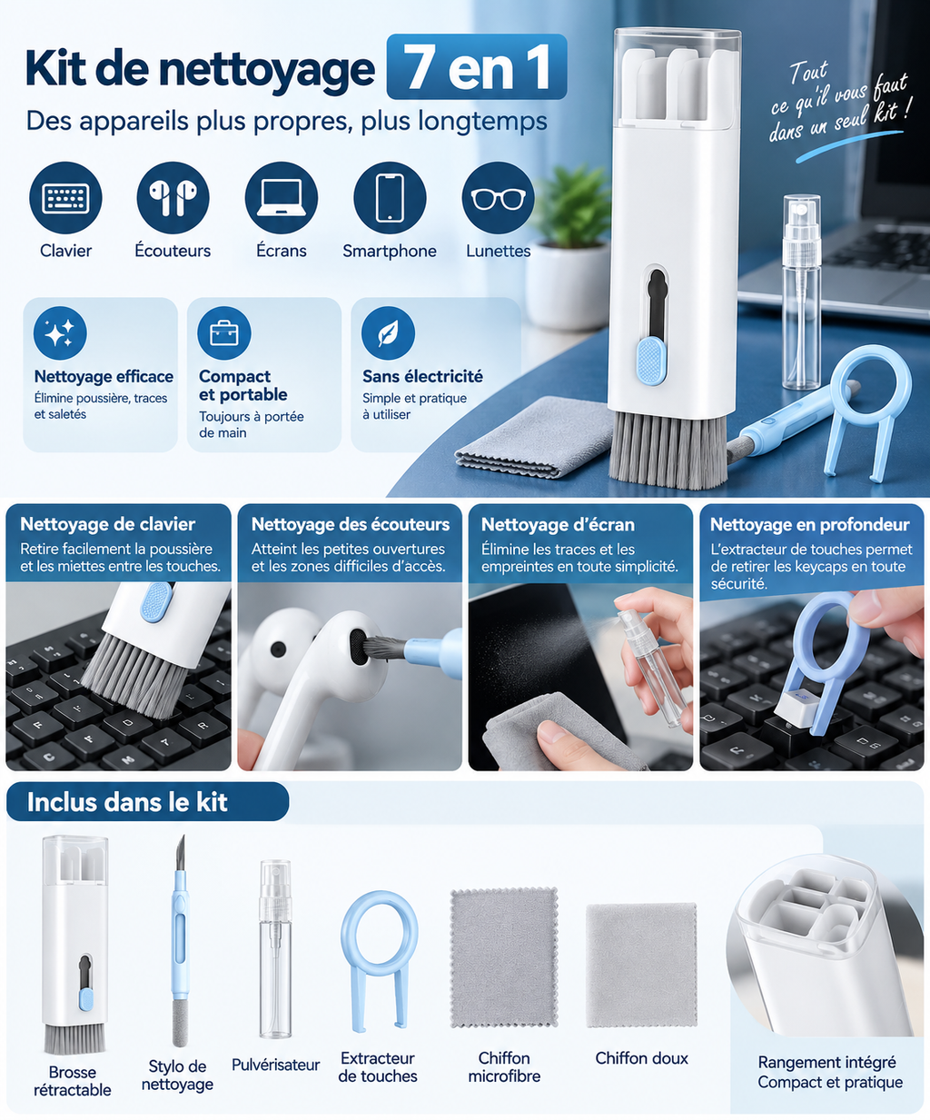 Kit de nettoyage 7-en-1 pour appareils électroniques