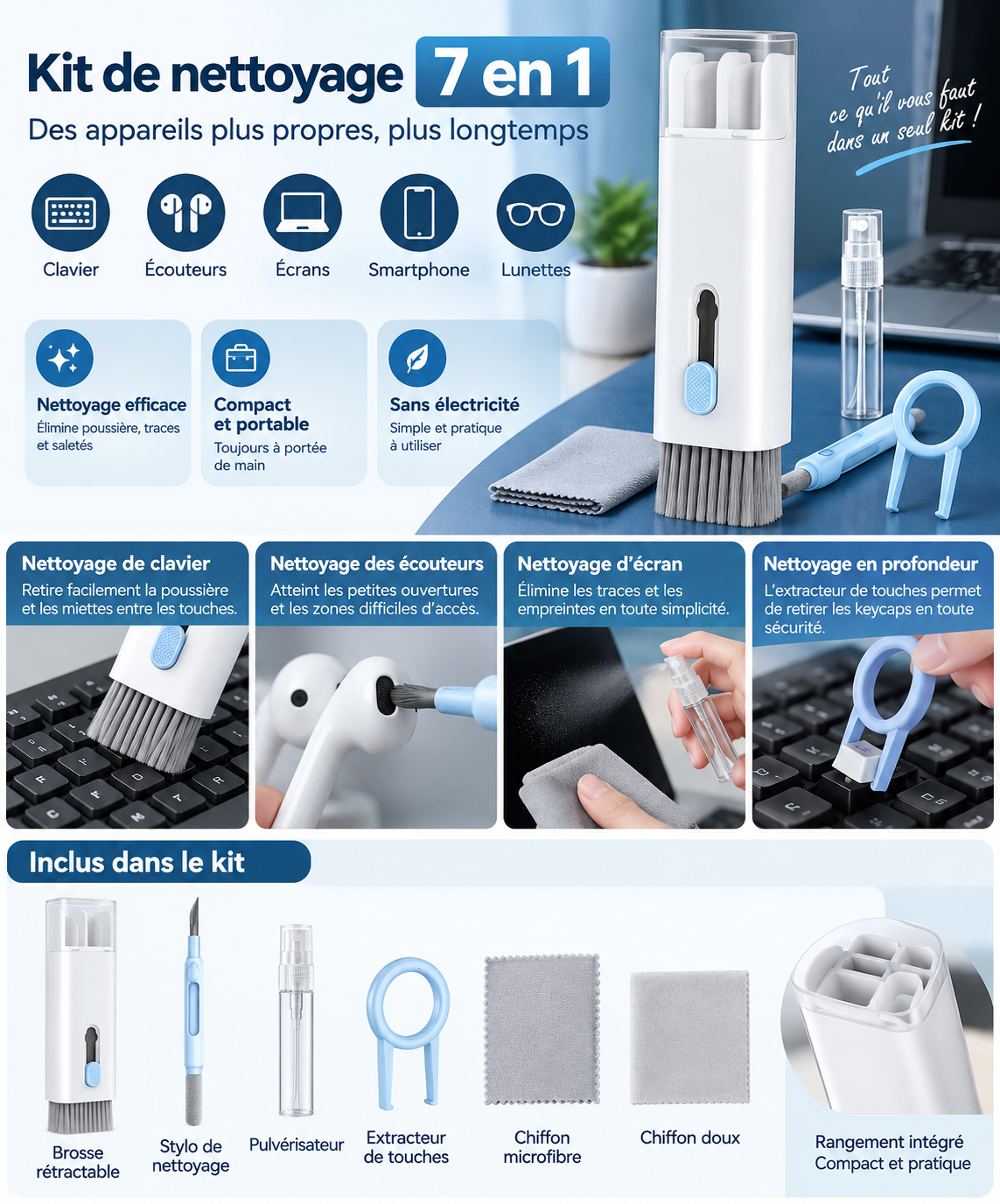 Kit de nettoyage 7-en-1 pour appareils électroniques