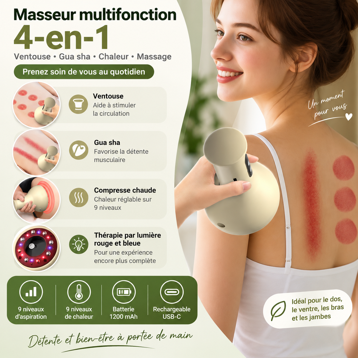 Masseur à ventouse chauffant rechargeable