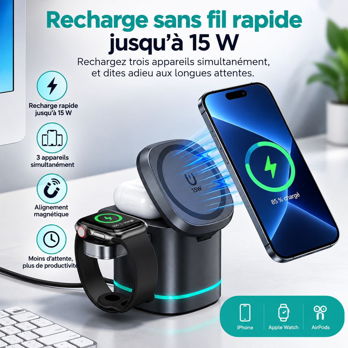 Station de recharge magnétique 3-en-1 – 15 W