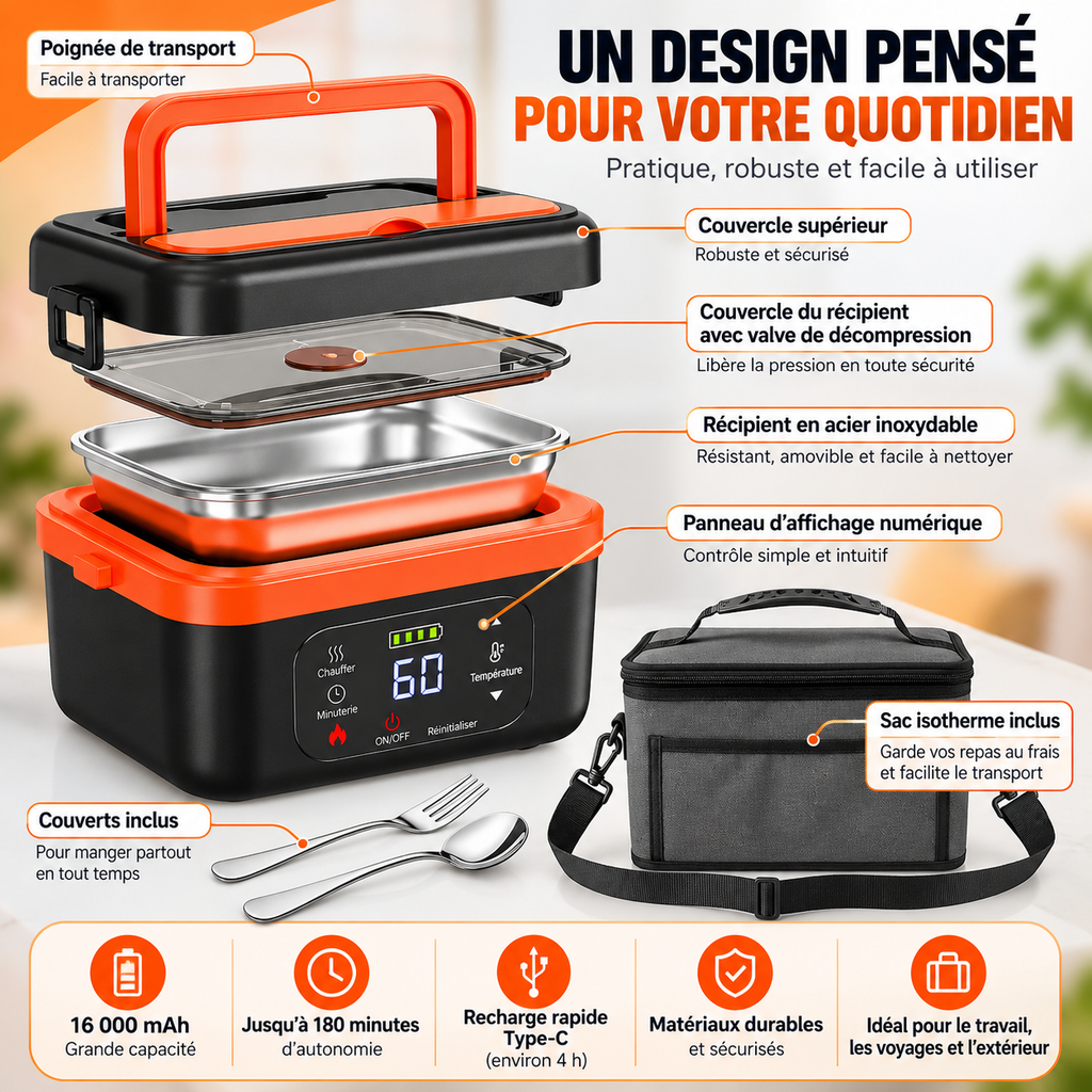 Boîte à lunch chauffante portable – 1 L