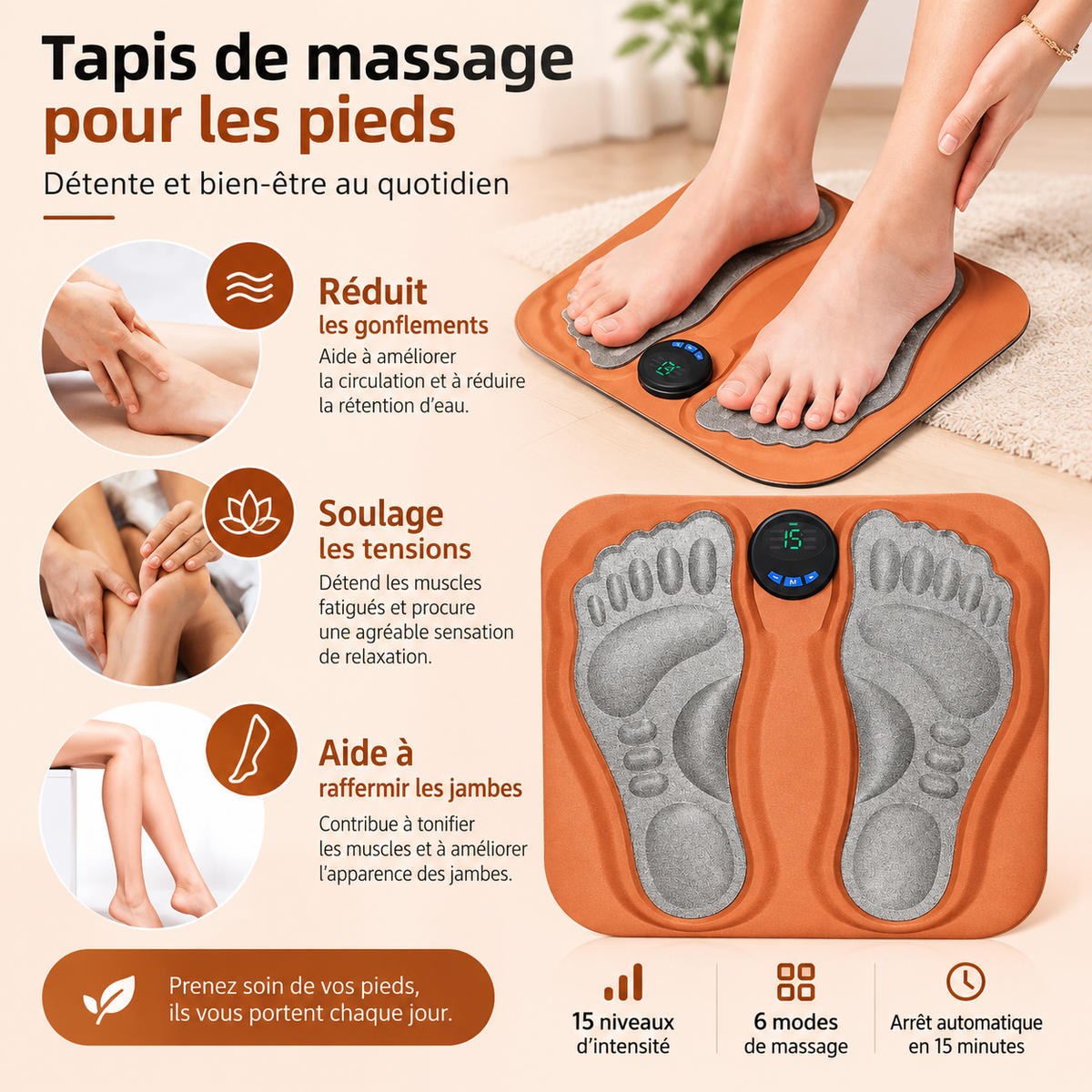 Tapis de massage des pieds EMS – 15 intensités