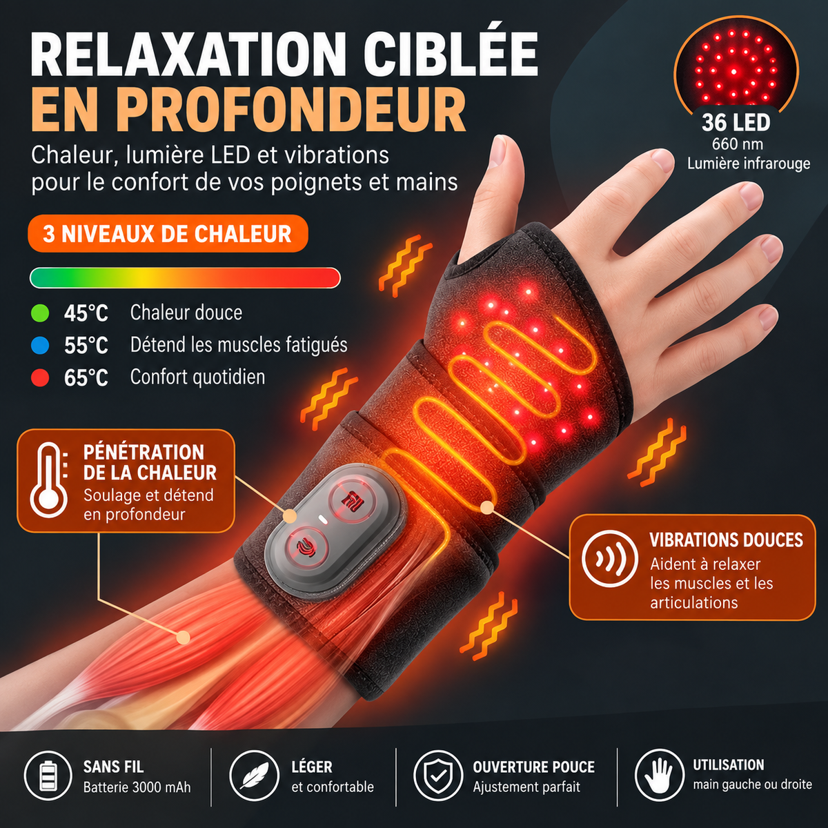Masseur de poignet LED avec chaleur réglable